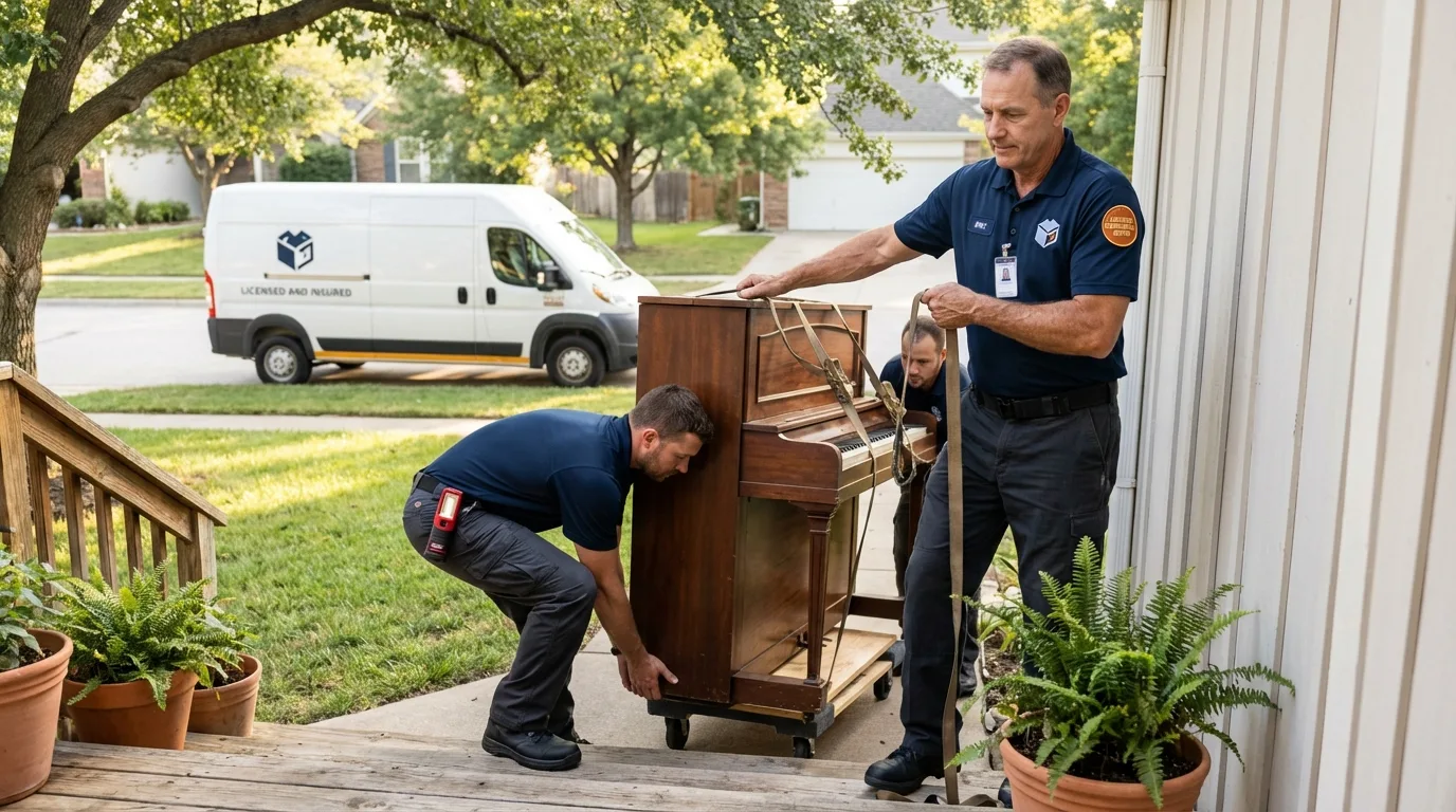 Licensed piano movers securing grand piano in Filer, ID