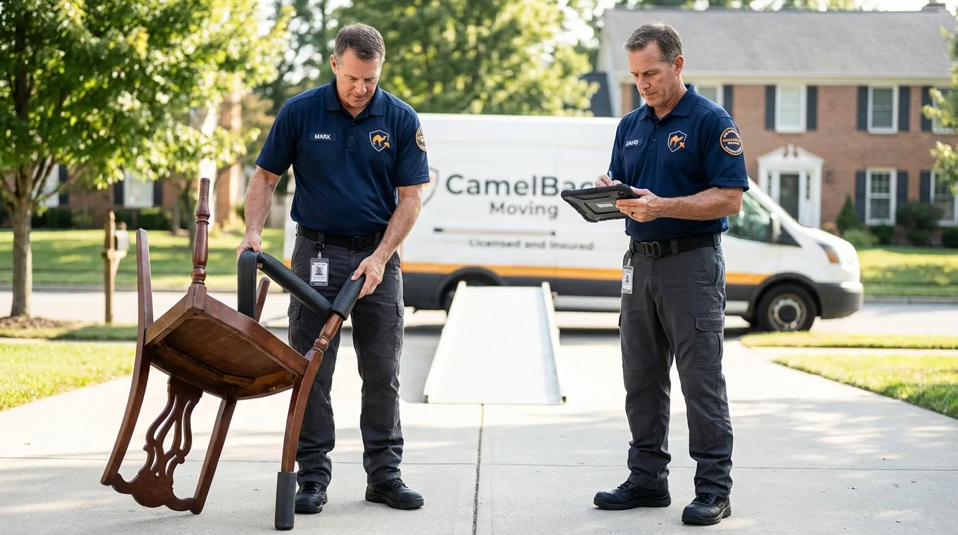 Movers inspecting furniture for damage prevention before loading in Filer, ID